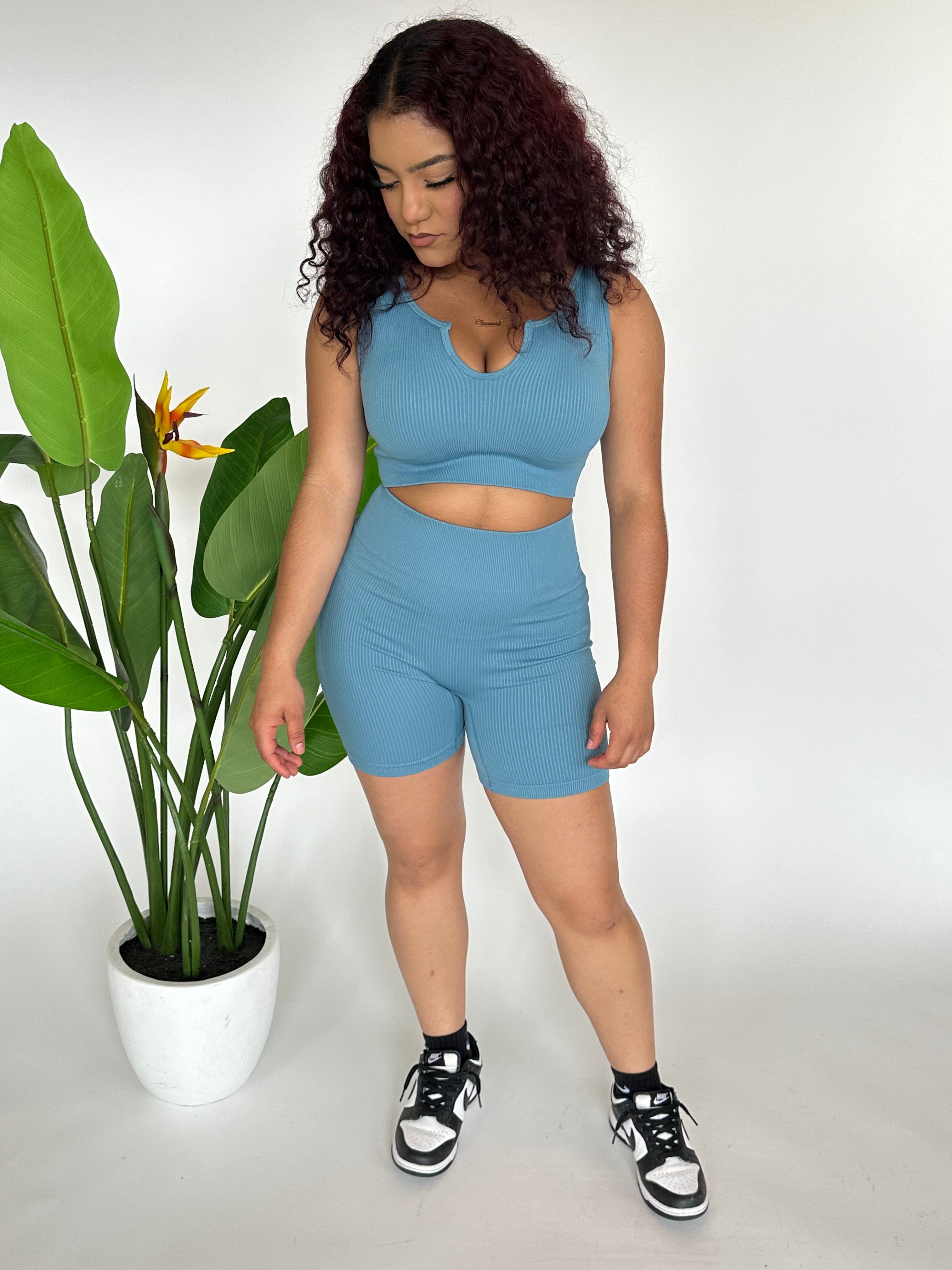 2pc Ribbed Biker Set - Teal image 0