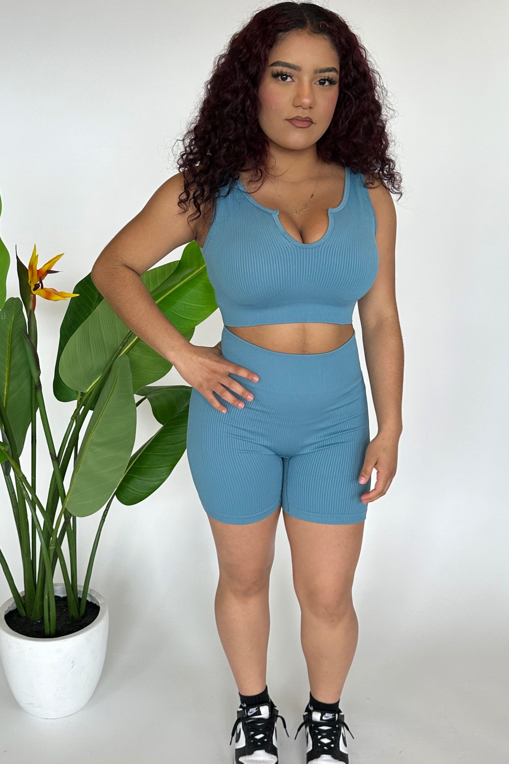 2pc Ribbed Biker Set - Teal image 1