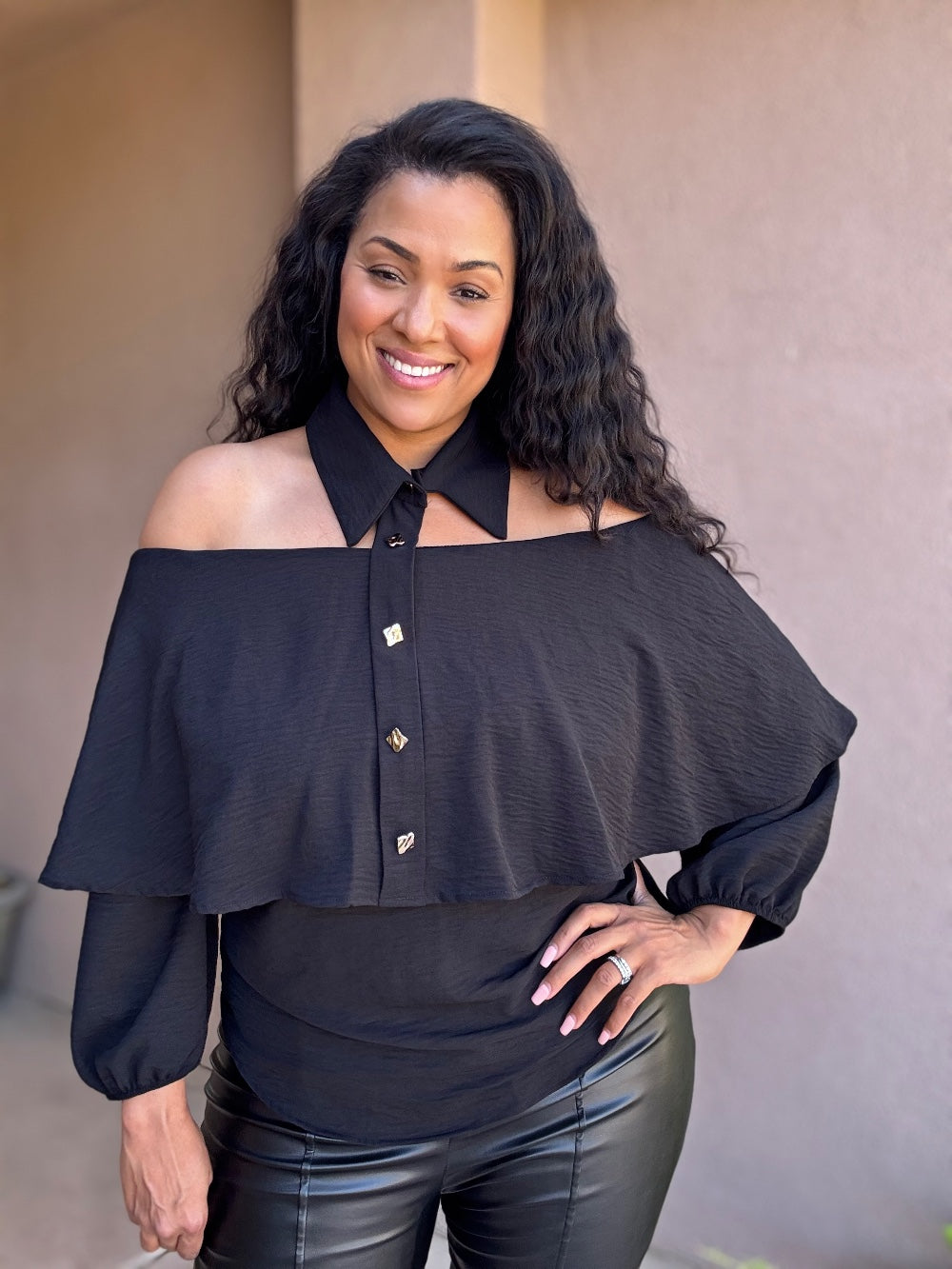 PLUS -Prestige Layered Off-Shoulder Collar Top Black image 2