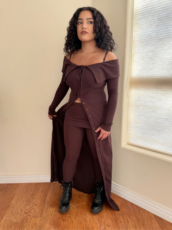 2 PC Cardigan Dress and Leggings Set  (Chocolate) image 2